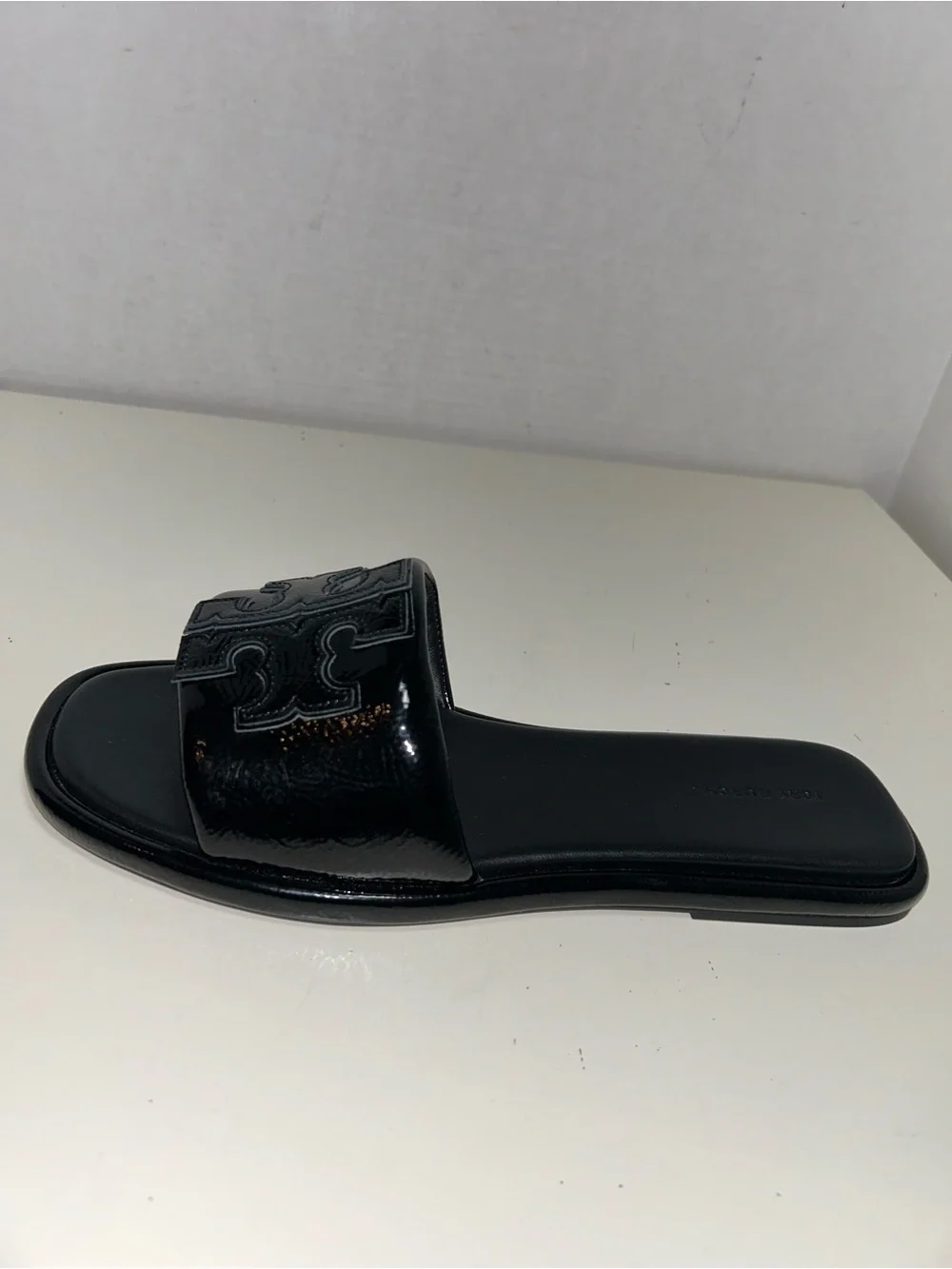 Tory Burch Double T Sport Slides Perfect Black Patent Leather